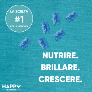 Etichetta del prodotto Caramelle Gommose alla Biotina di Happy Nutrition con informazioni nutrizionali e dettagli sugli ingredienti