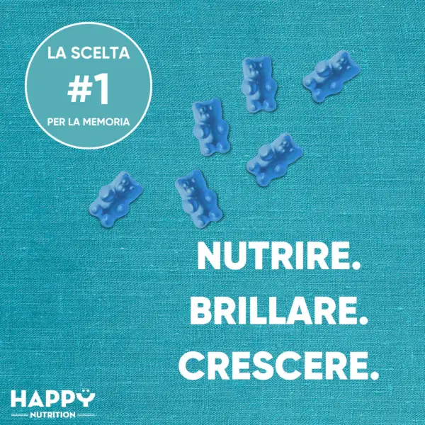 Etichetta del prodotto Caramelle Gommose alla Biotina di Happy Nutrition con informazioni nutrizionali e dettagli sugli ingredienti