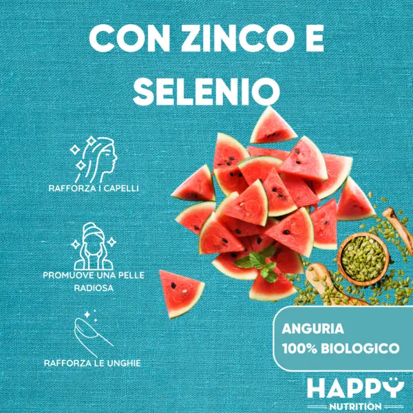 Composizione nutrizionale delle Caramelle Gommose alla Biotina di Happy Nutrition, con evidenziato il contenuto di biotina, zinco e selenio per gomma