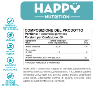 Confezione delle Caramelle Gommose alla Biotina di Happy Nutrition, fornitura per 60 giorni, adatte al supporto di capelli, pelle e unghie