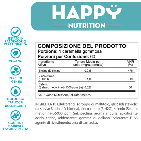 Confezione delle Caramelle Gommose alla Biotina di Happy Nutrition, fornitura per 60 giorni, adatte al supporto di capelli, pelle e unghie